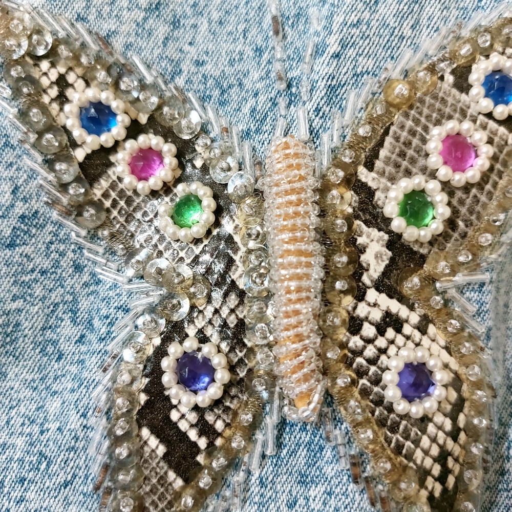 Vintage 80s Jazzino Acid Wash Butterfly Beaded Studded Collar Denim Jean Jacket - Picture 3 of 15